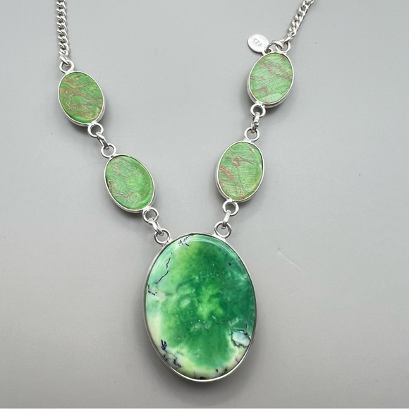 New Green Dendritic Opal Stone w Mosaic Jasper Silver Overlay Necklace 17” - Picture 6 of 13